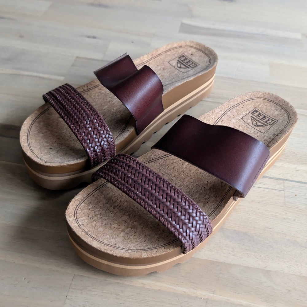REEF Cushion Vista Hi Mahogany Brown Braided Platform Slide Sandals Size 8 - Picture 6 of 8